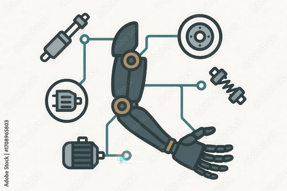 Poster a detailed illustration depicting a robotic arm integrated with various technical components showcas