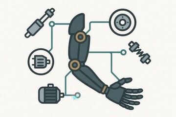 A detailed illustration depicting a robotic arm integrated with various technical components showcasing the seamless connection between technology and human-machine interaction in a conceptual