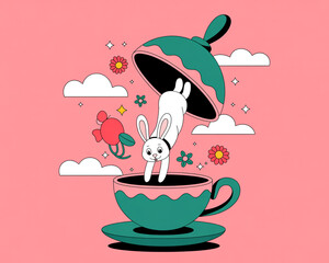 Cute rabbit jumping into a teacup, surrounded by clouds and flowers