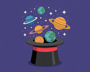 Planets and stars emerging from a magic hat on a purple background