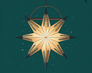 Illuminated star lantern with a geometric pattern on a dark teal background