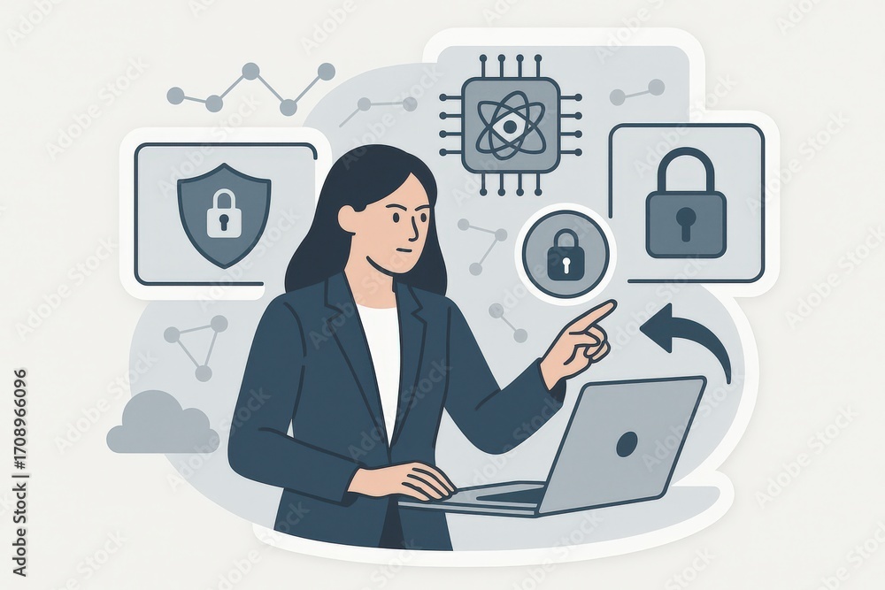 Poster businesswoman analyzing data on laptop while engaging in cybersecurity measures with icons depicting