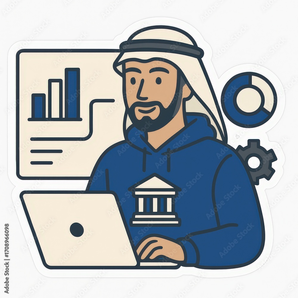 Poster professional digital analyst engaged in data visualization and business strategy design wearing a bl