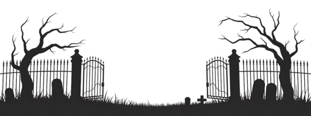 Spooky Cemetery Entrance with Bare Trees and Gravestones graveyard gate isolated on a transparent background