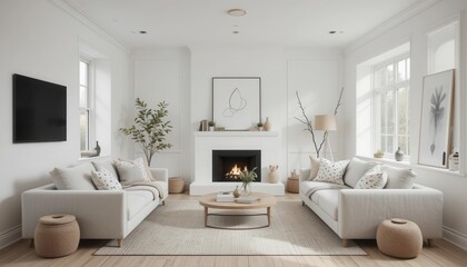 Fototapeta premium Hygge Home A Nordic Inspired Family Room Design Emphasizing Comfort, Light, and Simple Elegance