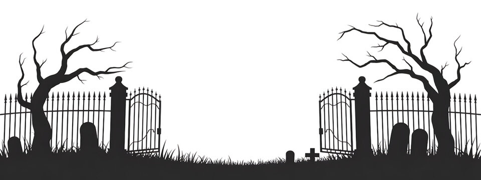 Spooky Cemetery Entrance with Bare Trees and Gravestones graveyard gate isolated on a transparent background