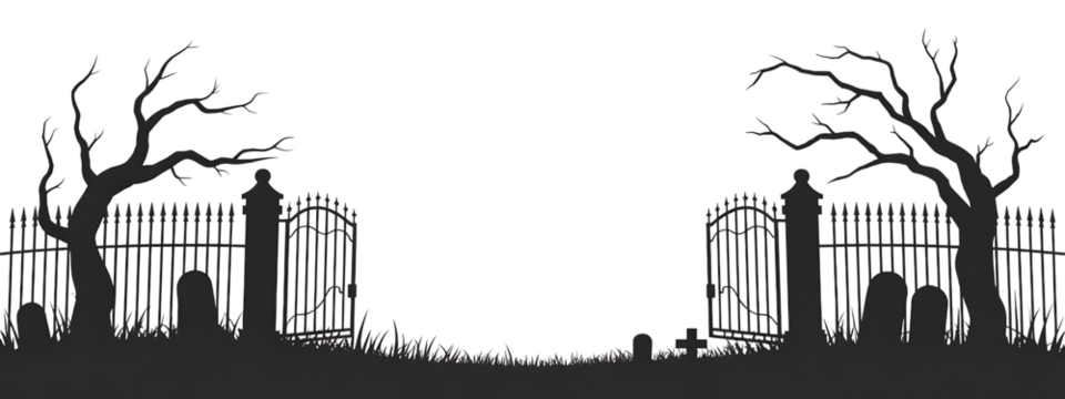 Spooky Cemetery Entrance with Bare Trees and Gravestones graveyard gate isolated on a transparent background