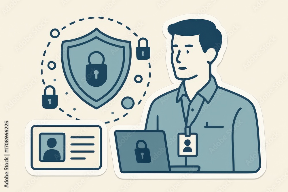 Poster professional cybersecurity expert evaluating digital identity verification surrounded by protective 