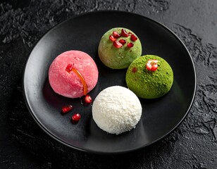 Colorful dessert spheres on dark plate