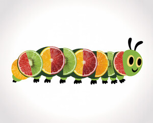 Fruit caterpillar isolated on white background, made of orange, kiwi and grapefruit