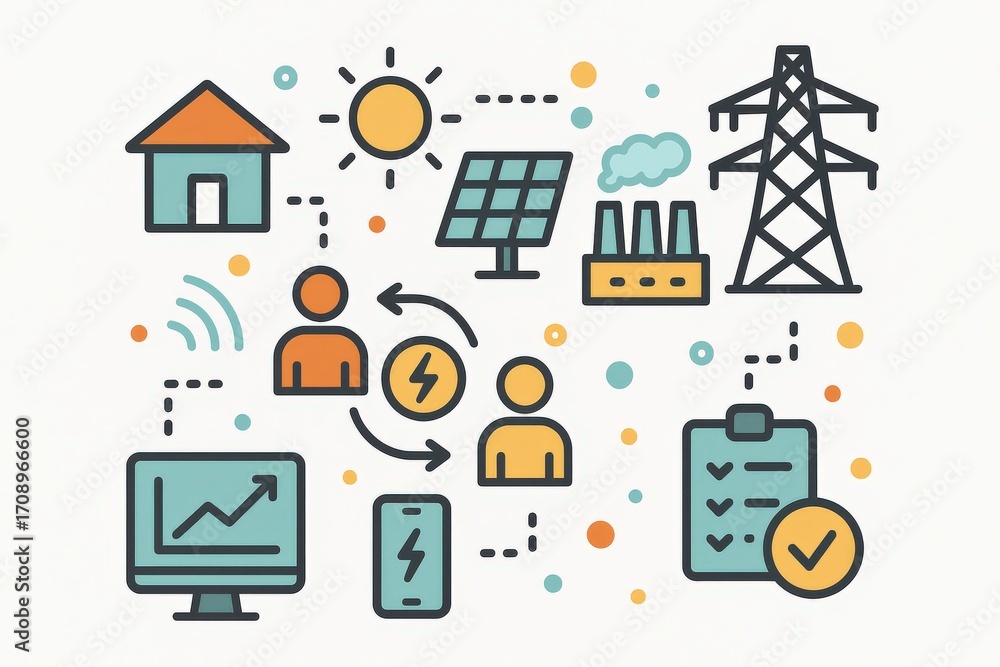 Poster visual representation of energy consumption and production illustrating renewable resources technolo