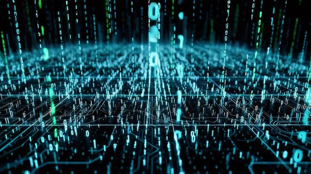 Dynamic Binary Data Flow: Glowing Digits Cascade Over Abstract Circuit Board Network
