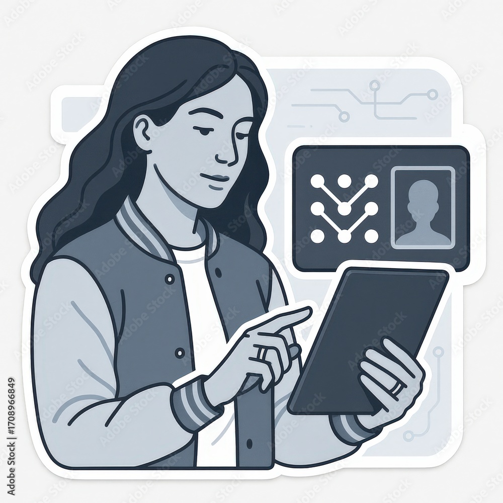 Poster engaging young woman exploring digital analytics on tablet screen with user interface elements refle