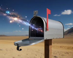 Mailbox in desert with galaxy inside, concept of receiving cosmic messages