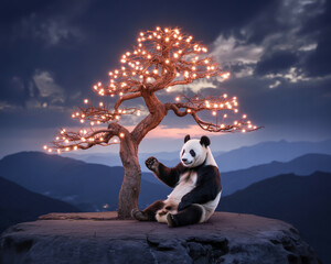Panda sitting under a tree decorated with lights on a mountain top