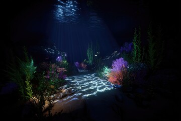 Underwater scene, vibrant coral reef bathed in sunlight