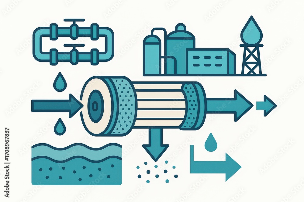 Poster innovative water filtration system progression showing flow dynamics reverse osmosis clean technolog