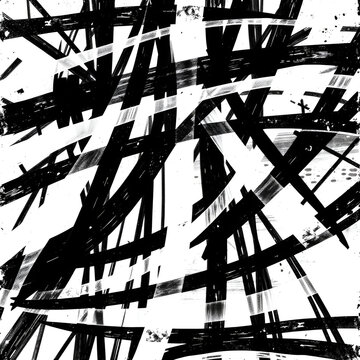 Abstract mental crazy overlay background. Lunatic ink scribble textures as card. Deranged black and white hand drawn illustrations print. Unhinged abstract light trails painting. Vector.