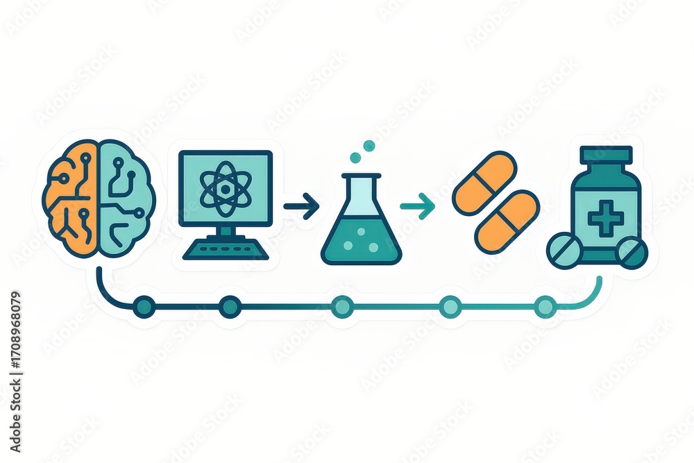 Poster visualizing the intricate journey of biopharmaceutical innovation from neural pathways to digital an