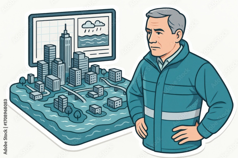Poster professional man in weatherproof jacket assessing urban landscape with 3d city model illustrating ra