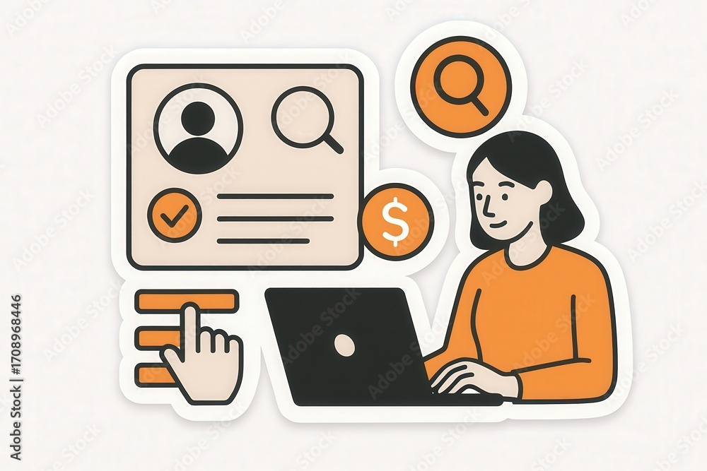 Poster a focused individual engaging with a laptop interface showcasing search functionalities and user pro