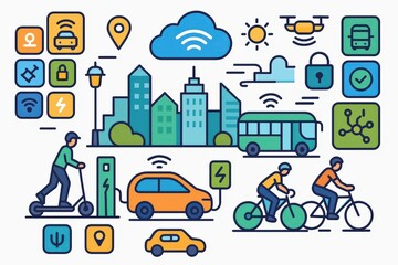 Urban mobility illustrated through a digital landscape showcasing electric bikes, scooters, connected vehicles, and smart city elements depicting modern transportation dynamics and ecological