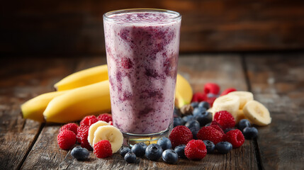 Creamy smoothie made with banana, raspberry, and blueberry, served in a clear glass on a rustic wooden table, vibrant fresh fruits surrounding the glass