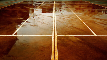 Wet tennis court with reflective surface and white boundary lines after rainfall