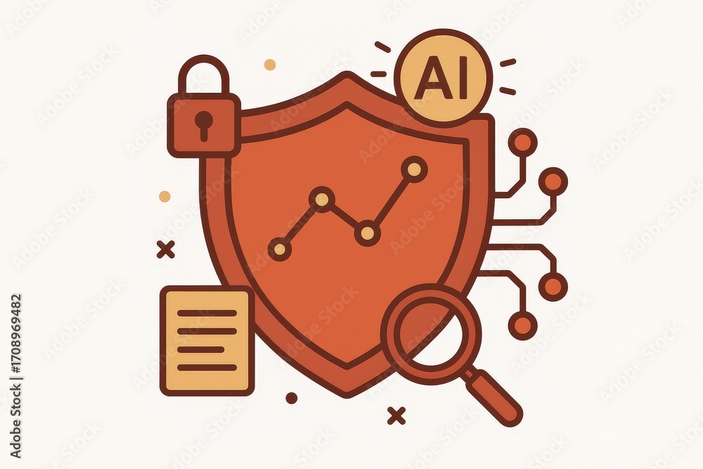 Poster innovative cybersecurity strategy featuring a shield symbolizing protection augmented by machine lea