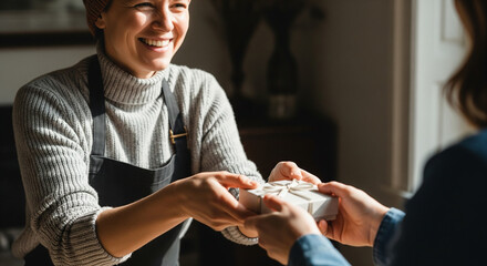 Smiling woman hands over a beautifully wrapped gift box.
A happy woman wearing a grey turtleneck and a black apron is smiling warmly as she carefully hands a small
