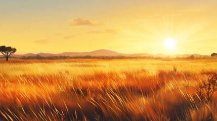 Obraz premium Golden Sunrise Over Vast Grasslands with Rolling Hills and Silhouetted Trees Under Clear Skies in a Serene Natural Landscape