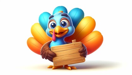 Adorable cartoon turkey with a wooden sign perfect for thanksgiving celebrations illustration
