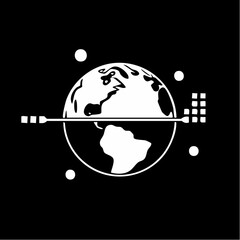 A stylized white graphic depicts a globe with a horizontal line passing through it, connecting a digital data stream to a network of dots, suggesting global ...
