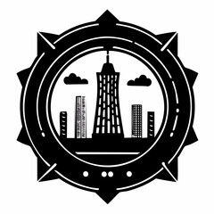 Stylized black silhouette of a modern skyscraper and surrounding buildings within a circular, compass-like emblem against a white background.