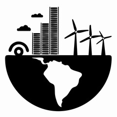 A black and white silhouette of planet Earth with a modern cityscape, a car, and wind turbines symbolizing sustainable urban development.