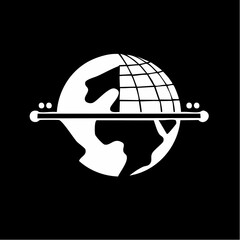 A minimalist white graphic icon of a stylized globe divided by a horizontal axis, with a grid on top and continents below.