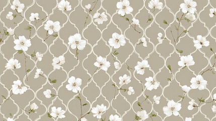 Elegant cream quatrefoil pattern seamlessly repeating with delicate white flowers, soft and sophisticated background design, high-resolution, suitable for textiles
