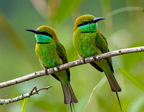 Two green birds perched on a branch