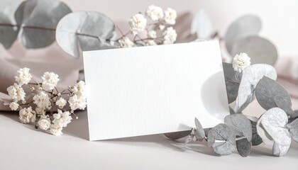 Elegant Blank White Card Mockup with Dried Flowers and Eucalyptus