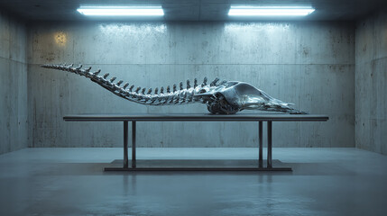 Futuristic cybernetic spine resting on a sleek steel table inside a minimalist concrete room, high-tech biomechanical design, detailed metallic textures