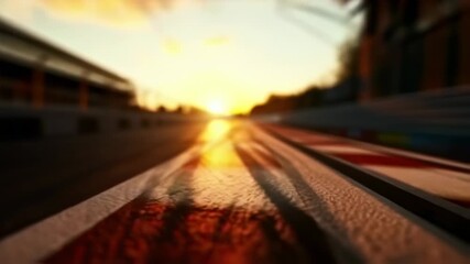 Race track finish line at sunset with checkered flag waving in the wind cinematic view