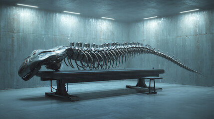 Futuristic cybernetic spine resting on a sleek steel table inside a minimalist concrete room, high-tech biomechanical design, detailed metallic textures