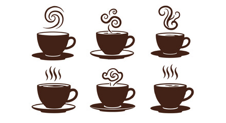 Obraz premium Collection of six stylized vector illustrations of steaming coffee cups and saucers, presented in a clean PNG format for easy use.