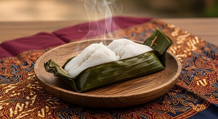 A delicious serving of a traditional hot Asian steamed rice cake, presented in a fresh banana leaf on a rustic wooden plate with rising steam