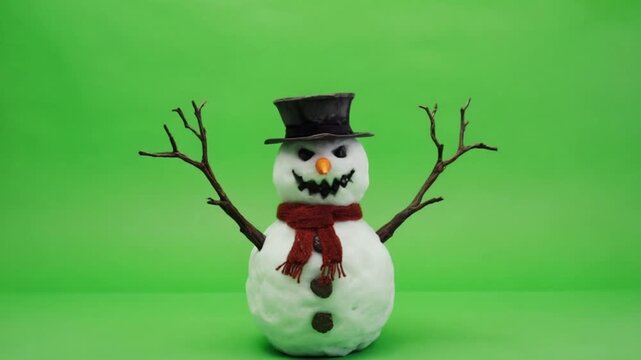 Evil snowman with hat scarf and stick arms stands against a green screen backdrop in studio snowman christmas green screen video