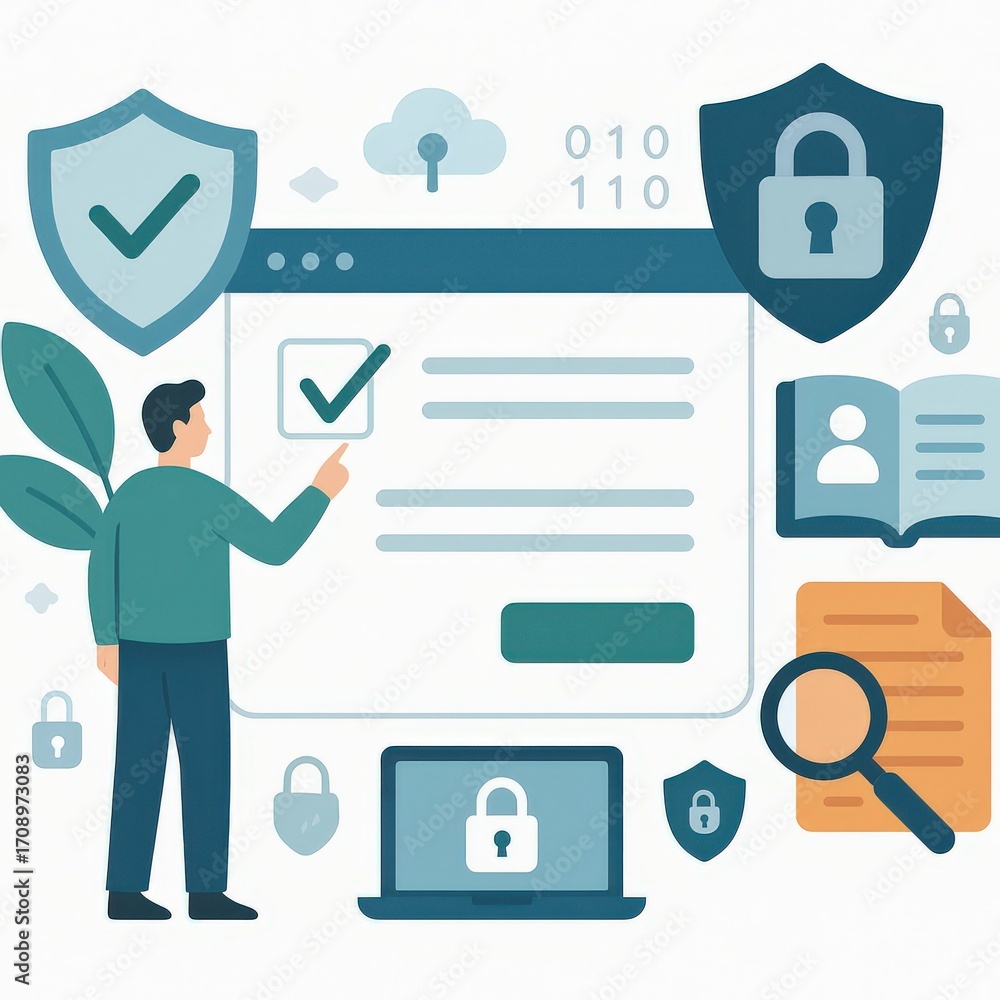 Poster visualizing cybersecurity compliance processes in a digital workspace showcasing elements of data pr