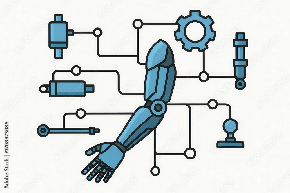 Poster innovative robotic arm design featuring interconnected mechanical components showcasing the forefron