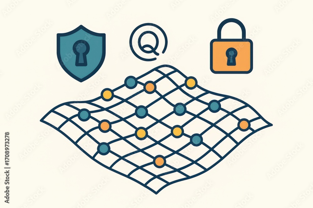 Poster visual representation of digital security elements featuring a protective shield, interconnected nod