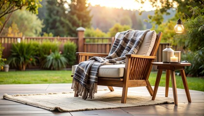 Cozy outdoor seating area with blanket, candle, and warm light at sunset