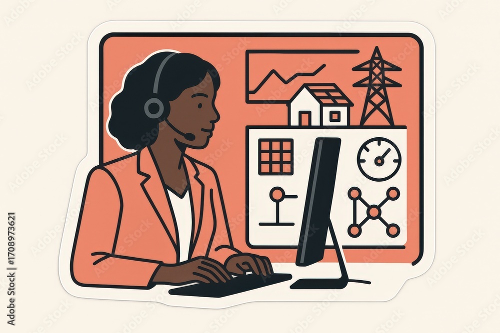 Poster engaging female professional utilizing technology at a desk surrounded by data visualization element